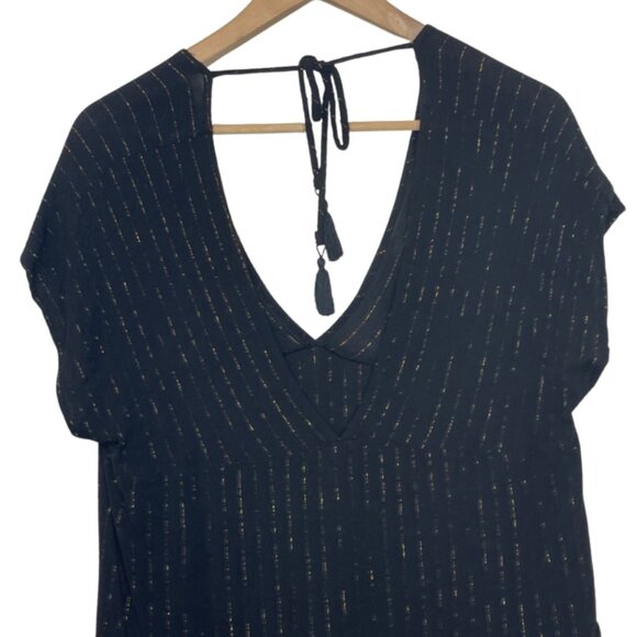 XHILARATION | Lightweight Black Short Sleeve Blouse Gold Stitch Top | Size S - Picture 6 of 10